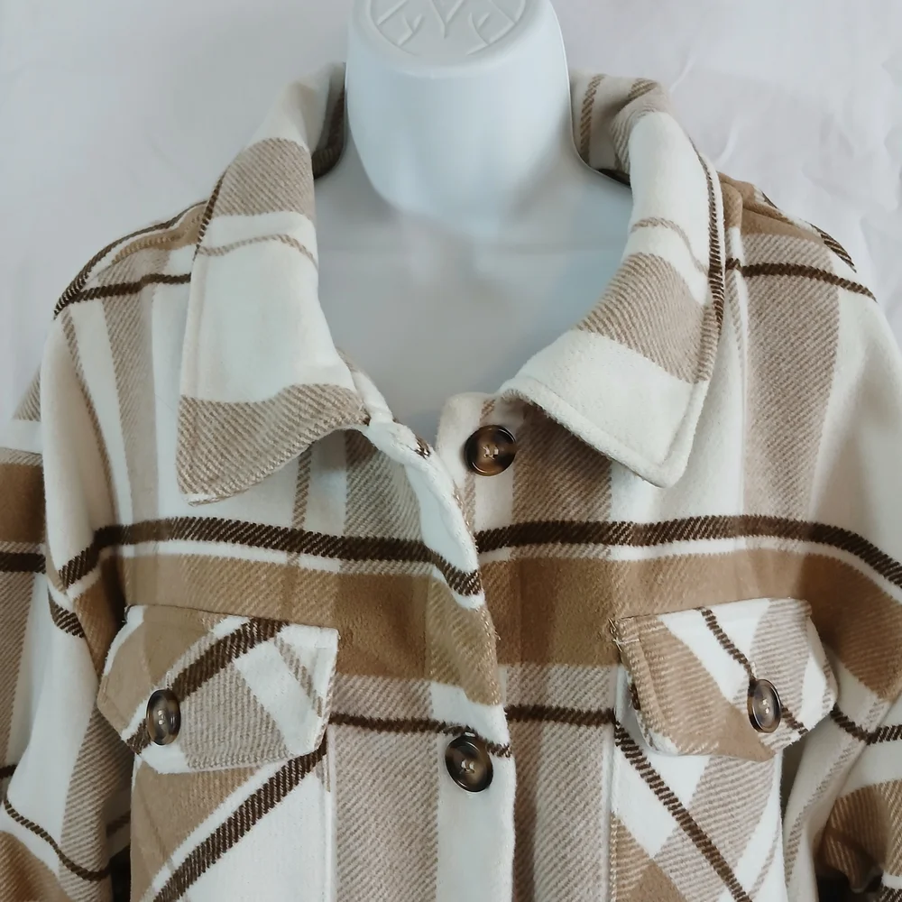 Love Tree Tan and Cream Plaid Utility Jacket Sz 1X Casual Cabin Work Outdoor
